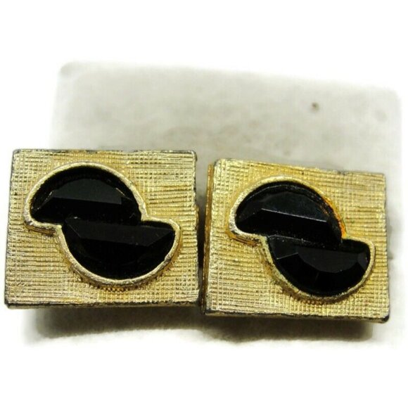 Cufflinks Gold Tone Black Stones  Tux Shirt Dress Suit Vintage - Picture 6 of 9